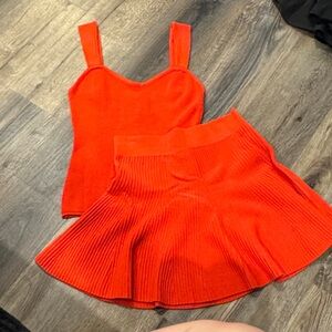 Vibrant Red Knit Tank Top & Pleated Skirt Set